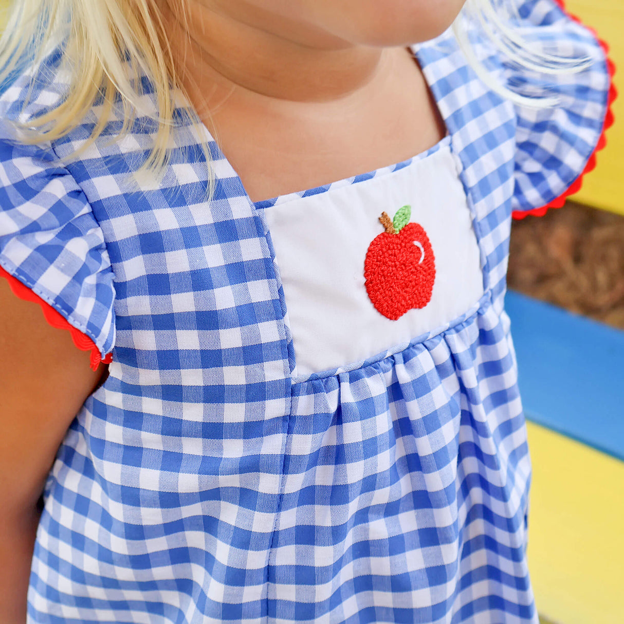 Red Apple Single Smocked Blue Gingham Short Set