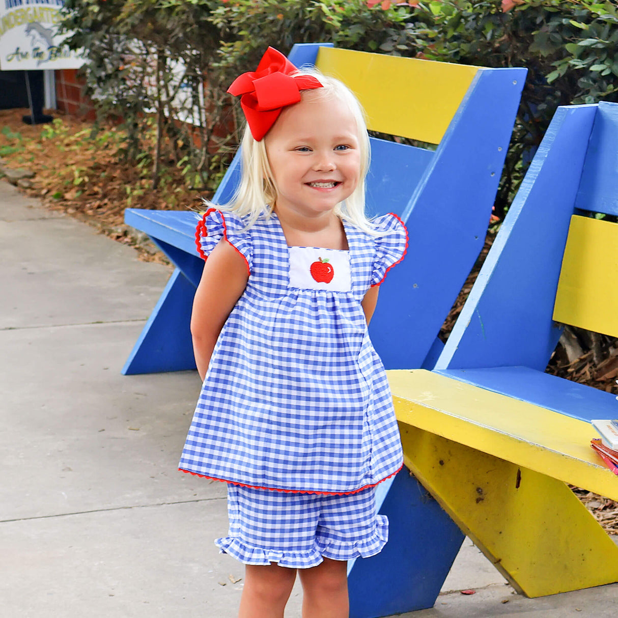 Red Apple Single Smocked Blue Gingham Short Set