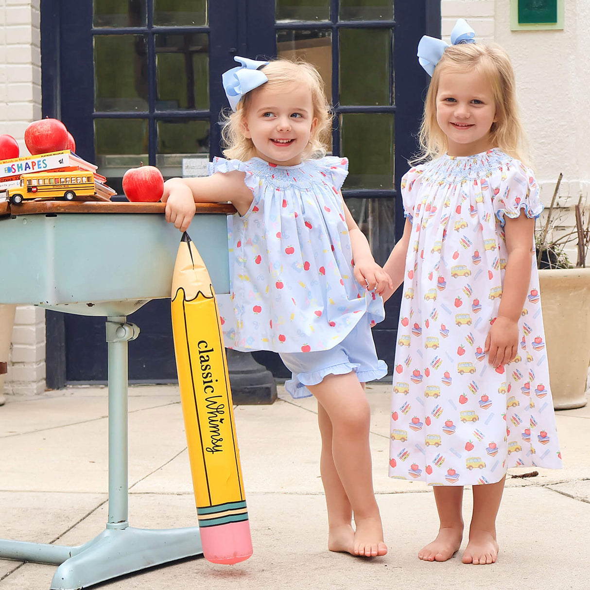 Back to School Smocked Blue Angel Sleeve Short Set