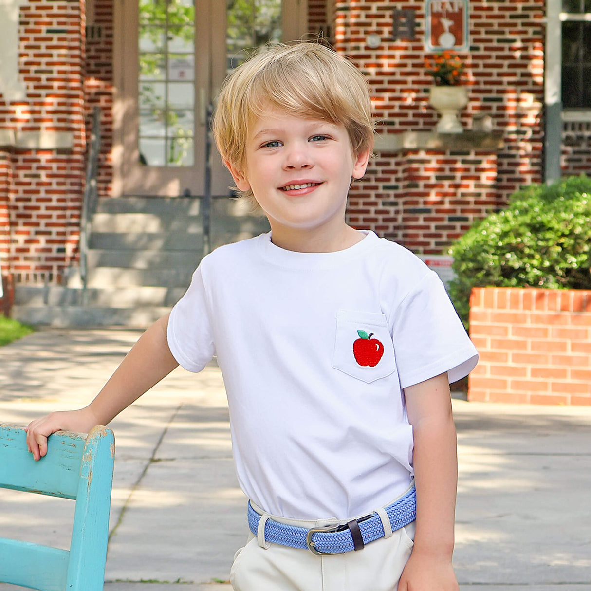 Apple Embroidered White Short Sleeve Pocket Shirt