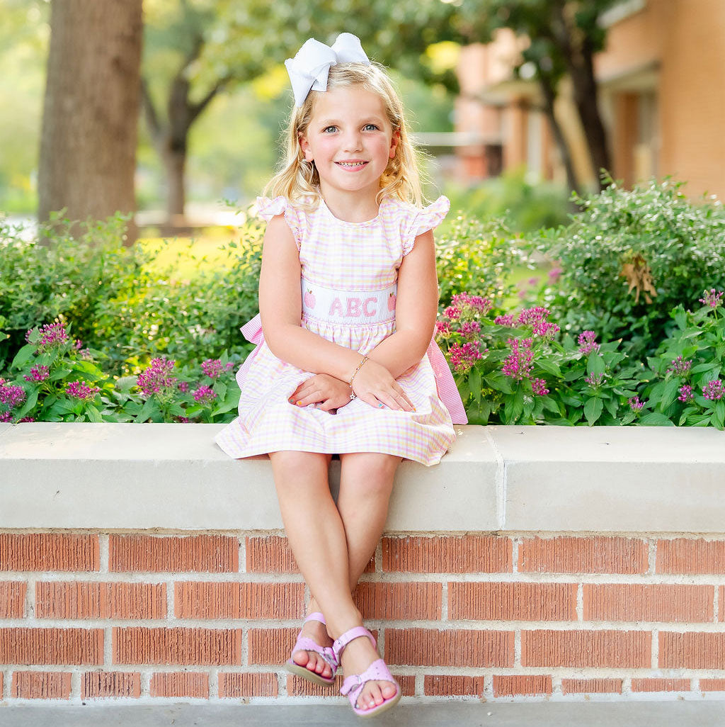 Apple ABC And Pencil Smocked Pink Gingham Side Tie Dress Classic Whimsy Apple ABC And Pencil Smocked Pink Gingham Side Tie Dress Classic Whimsy