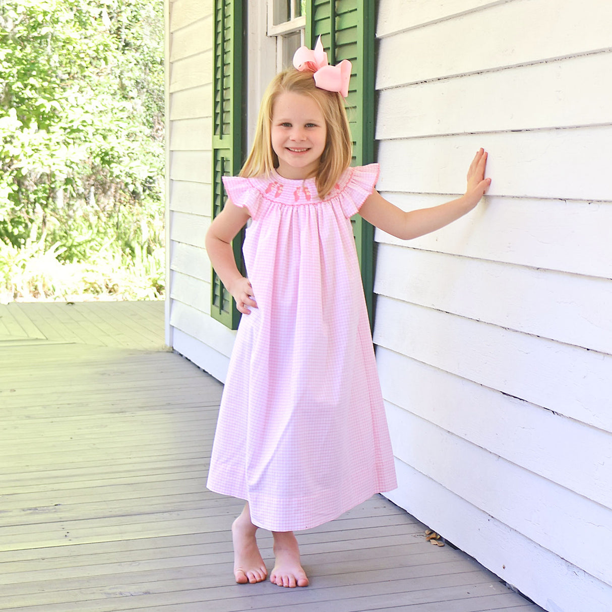 Ballet Smocked Pink Windowpane Angel Sleeve Dress