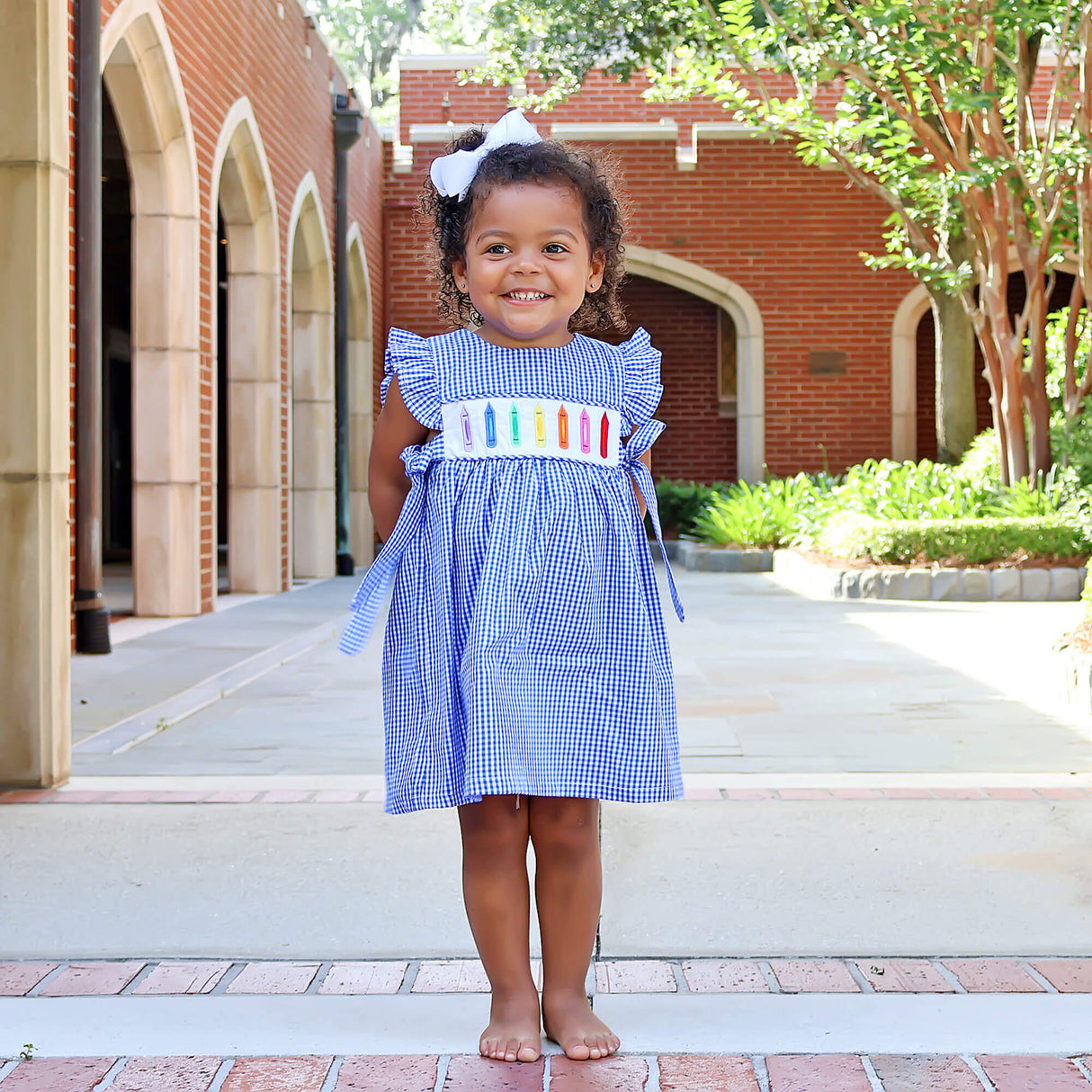 Rainbow Crayon Blue Gingham Avery Dress