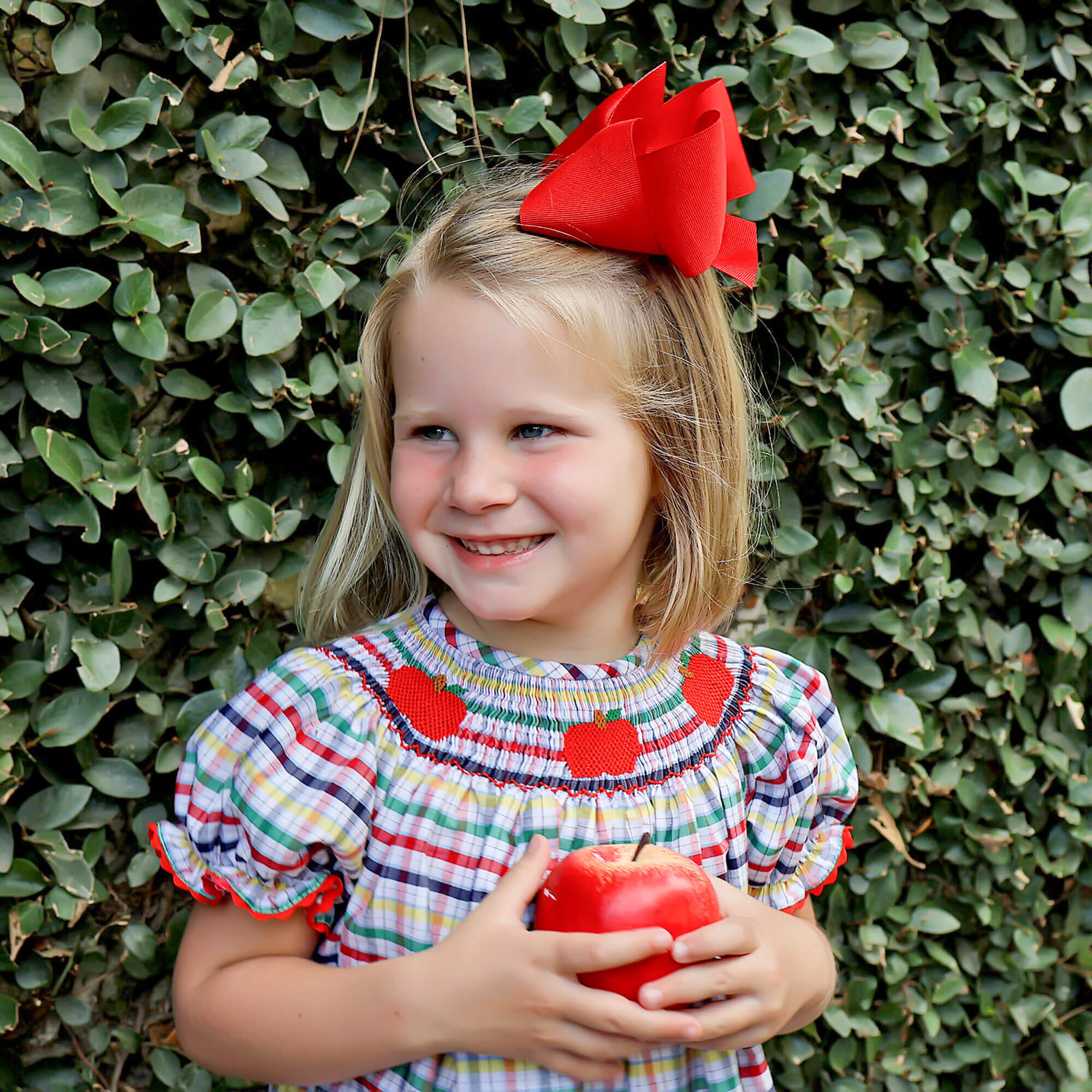 Apple Trio Primary Plaid Smocked Bishop Dress – Classic Whimsy