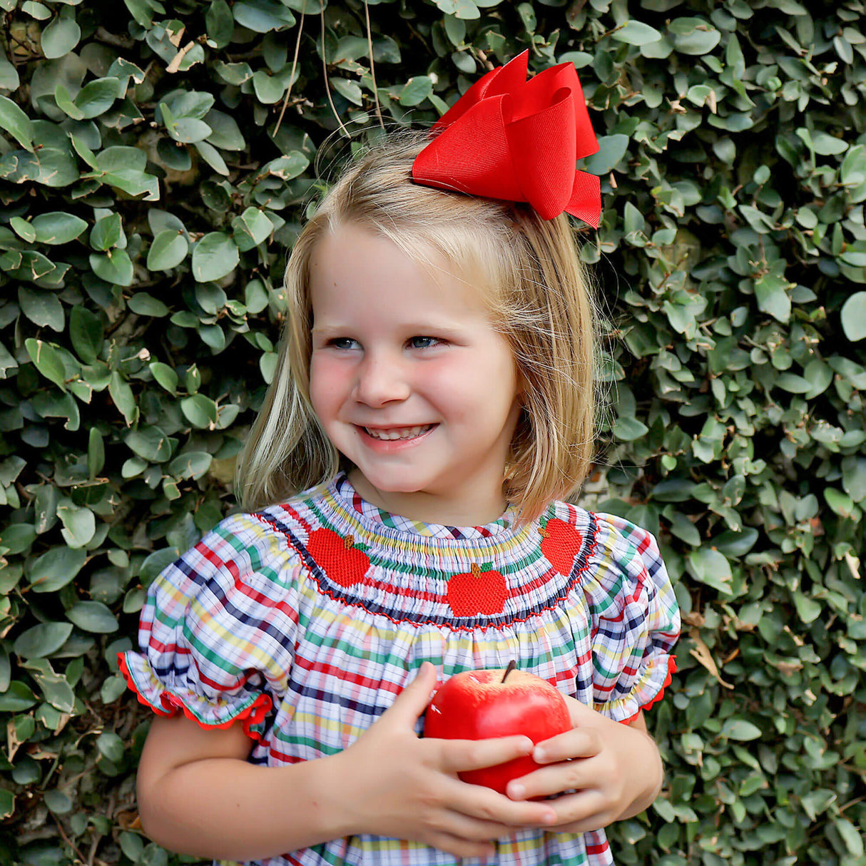 Apple Trio Primary Plaid Smocked Bishop Dress