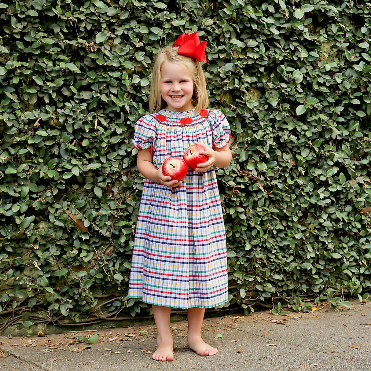 Apple Trio Primary Plaid Smocked Bishop Dress
