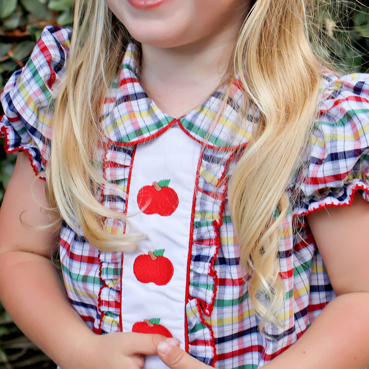 Apple Trio Primary Plaid Embroidered Camila Dress