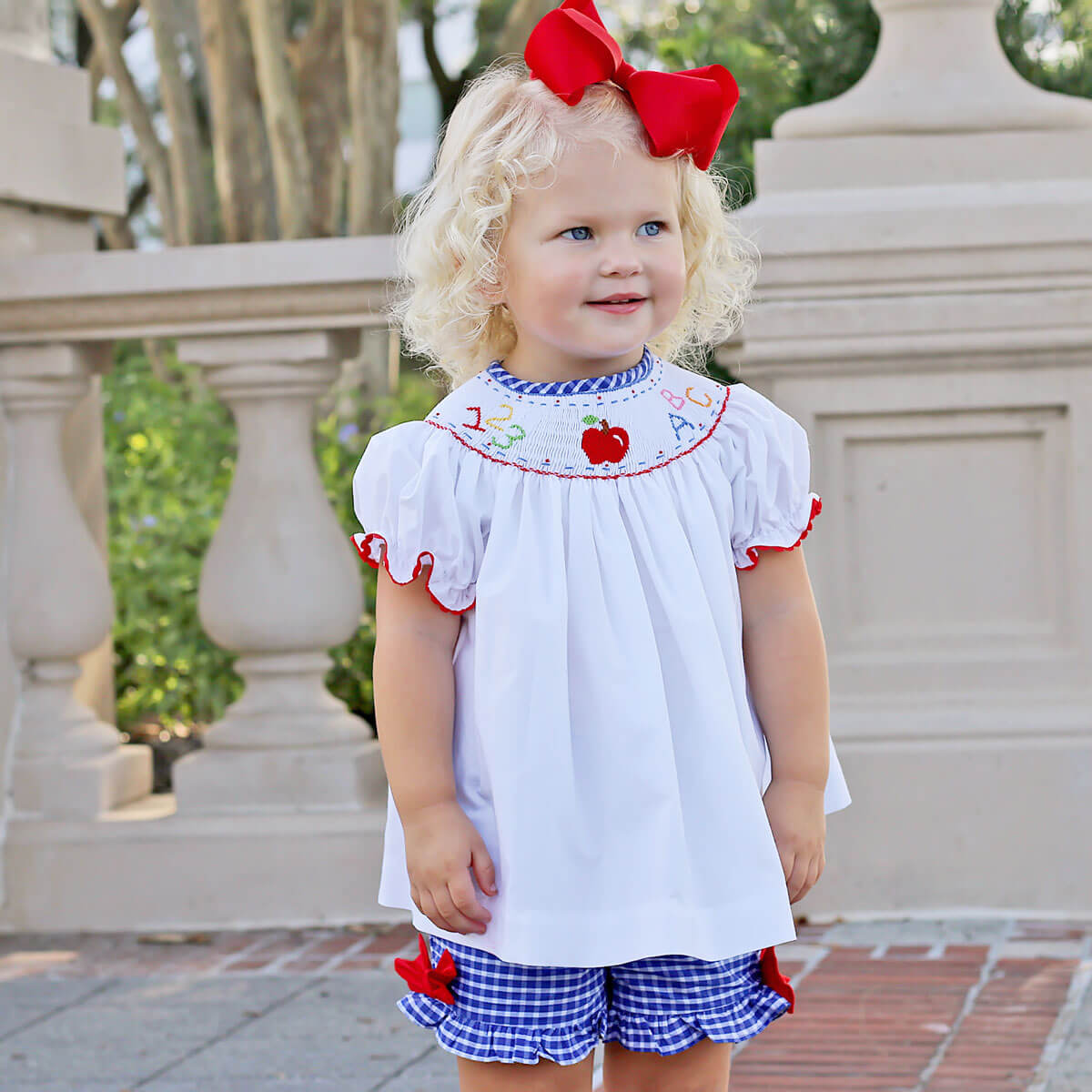 ABC 123 And Apple Smocked Royal Blue Short Set – Classic Whimsy