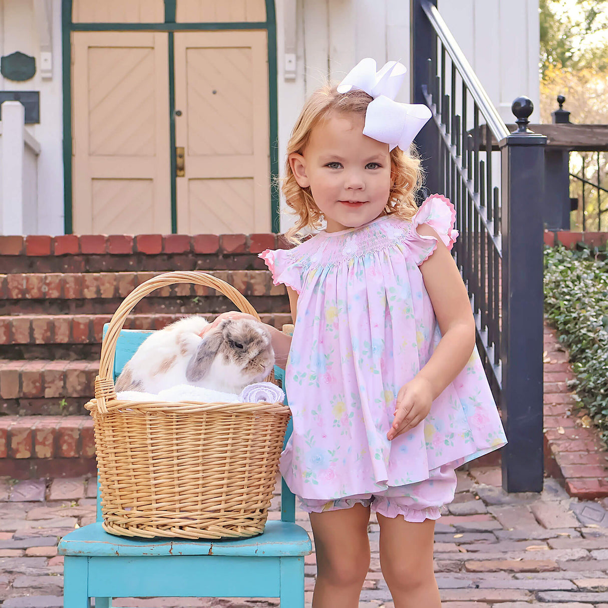 Bunny Tail Smocked Rose Floral Angel Sleeve Bloomer Set