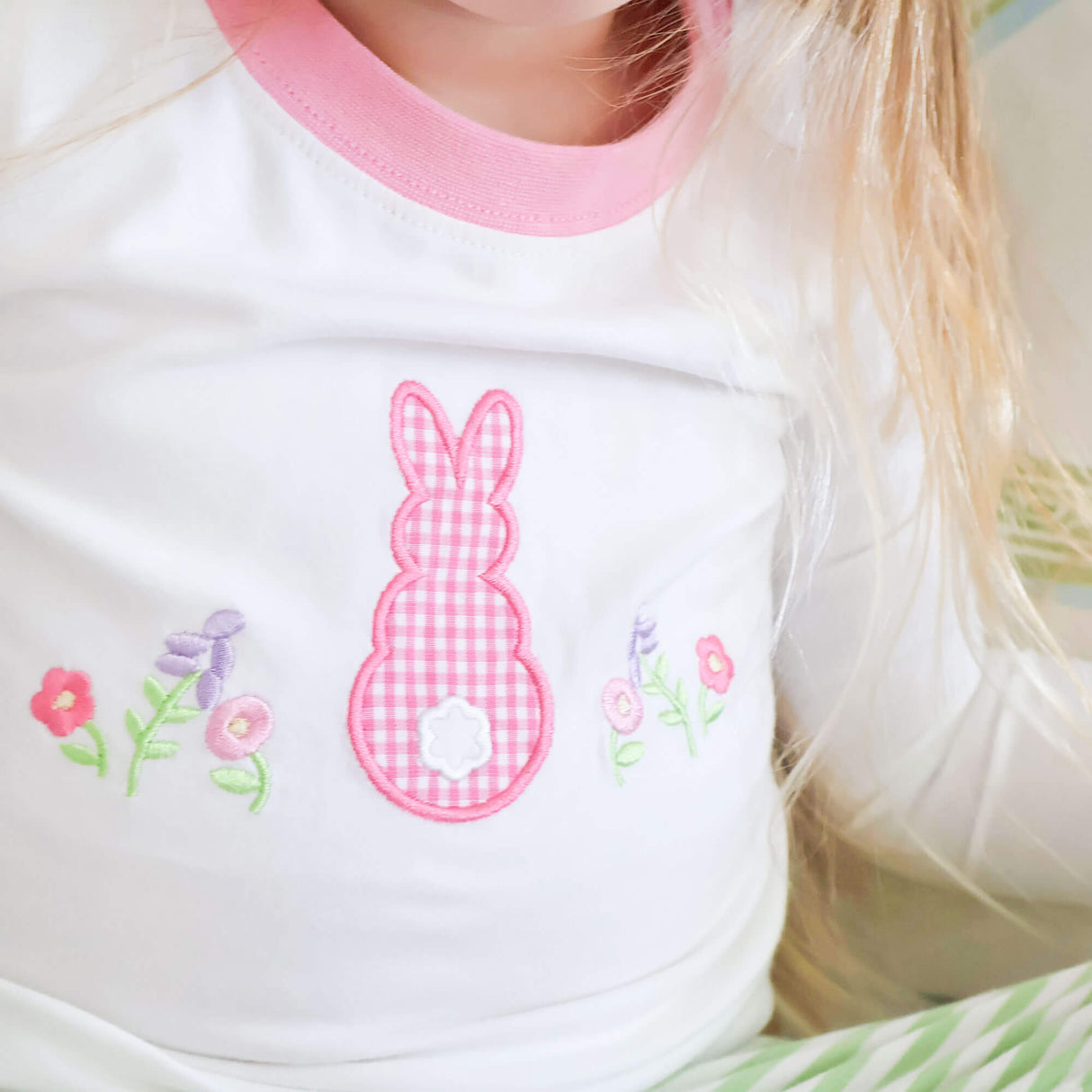 Easter Bunny Pink Trim Green Stripe Pajamas