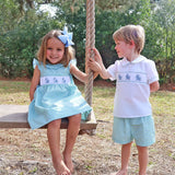 Easter Bunny Smocked Blue & Green Gingham Collared Short Set