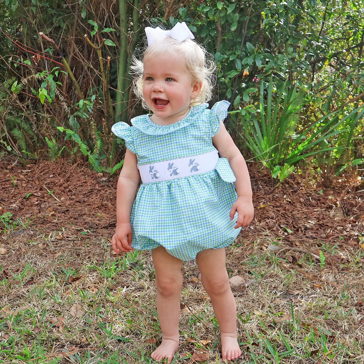 Easter Bunny Smocked Blue & Green Gingham Beverly Bubble