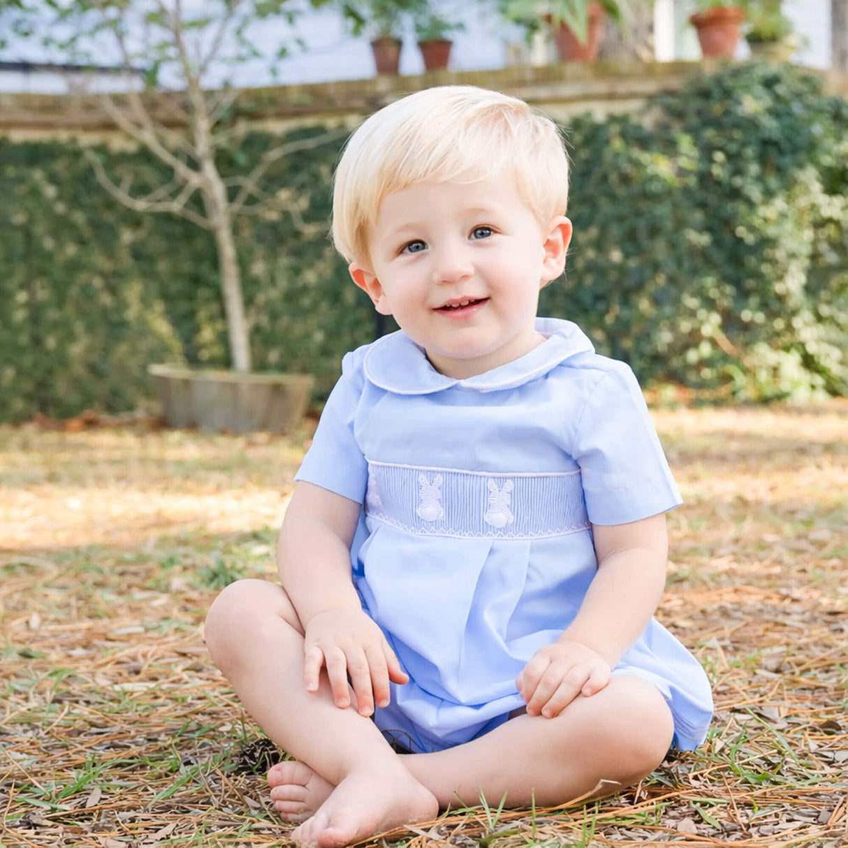 Cottontail Smocked Boy Bubble Light Blue Pique