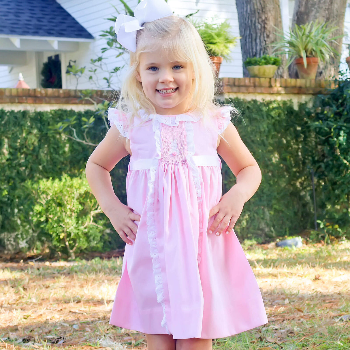 Bunny Tail Smocked Pink Pique Eyelet Dress