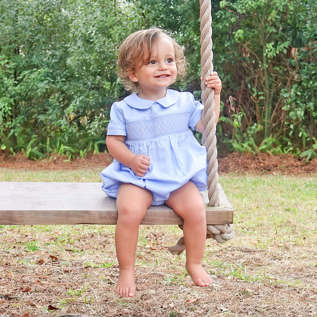 Blue Pique Smocked Collared Bubble