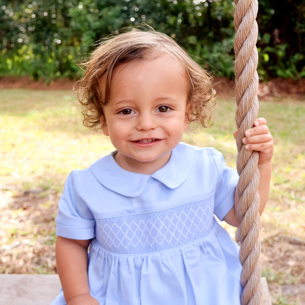 Blue Pique Smocked Collared Bubble