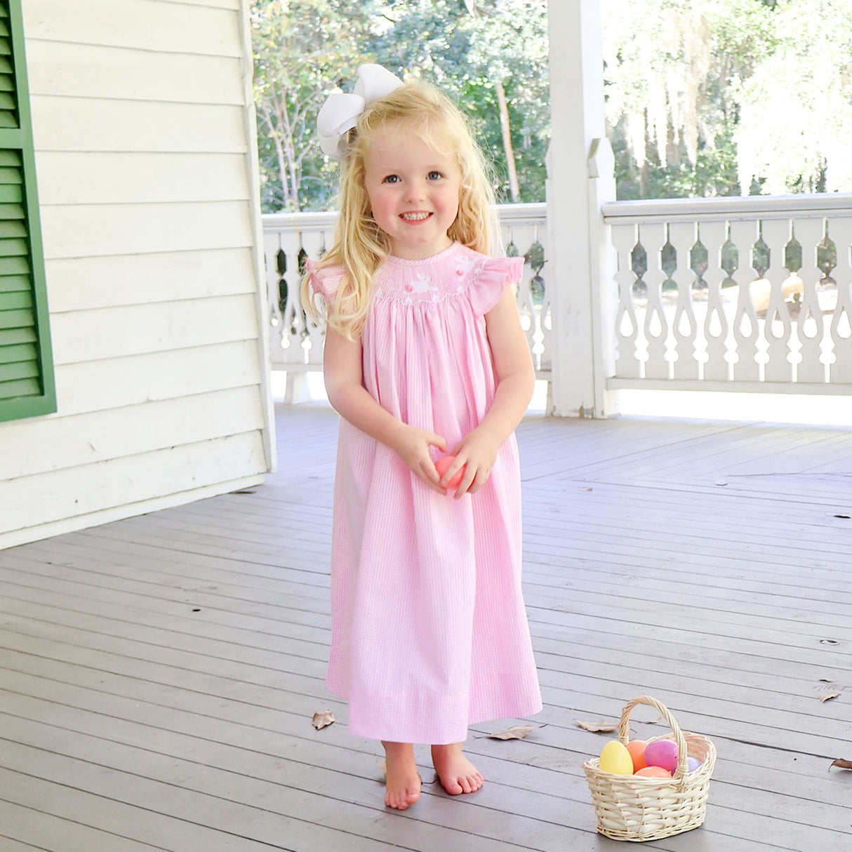 Hop Hop Bunnies Smocked Pink Gingham Angel Sleeve Dress