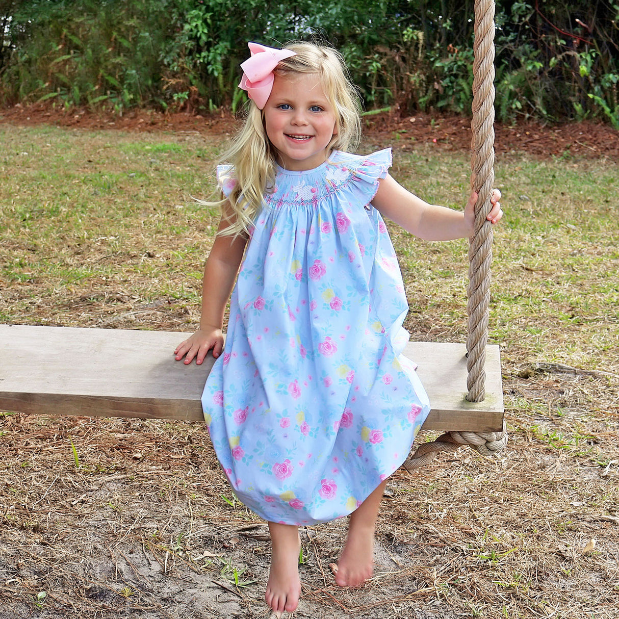 Bunny Smocked Turquoise Angel Sleeve Dress