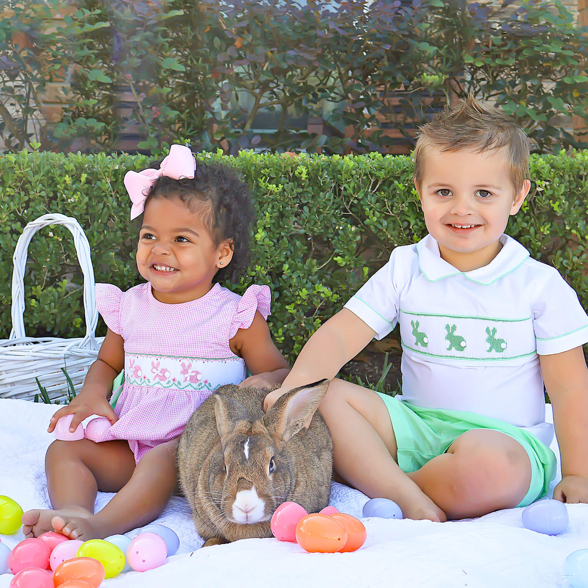 Easter Bunny Smocked Pink Gingham Side Tie Bubble – Classic