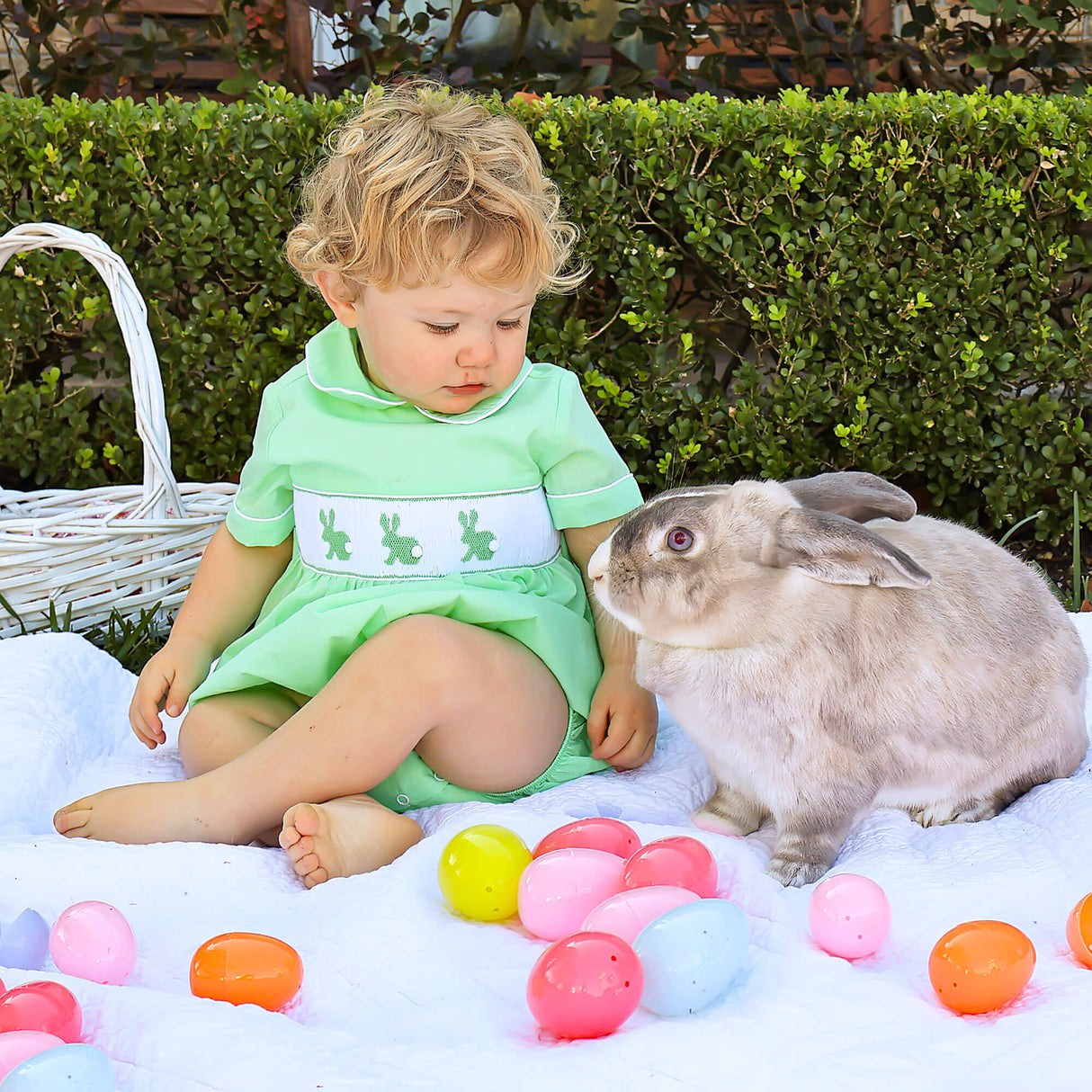 Easter Bunny Smocked Green Gingham Collared Bubble