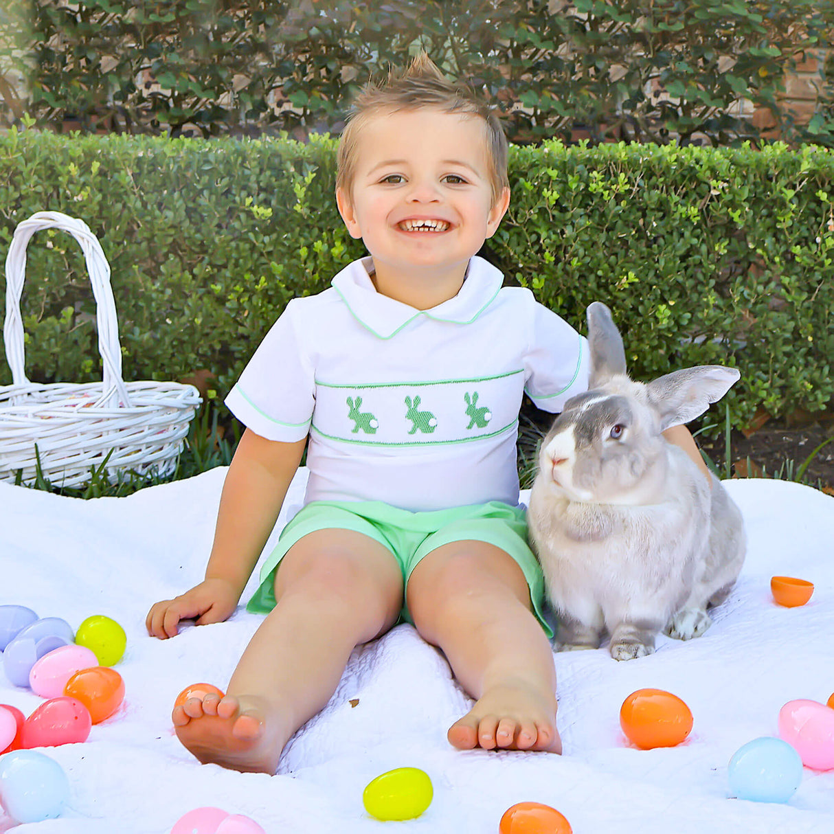 Easter Bunny Smocked Green Gingham Collared Short Set