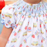 School Bus Print Smocked White Bishop Dress