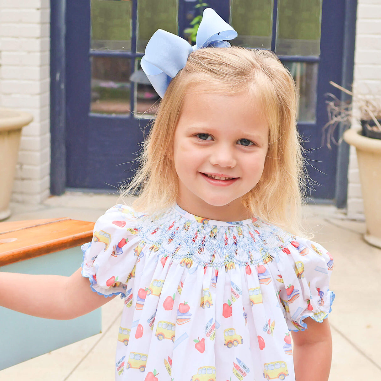 School Bus Print Smocked White Bishop Dress