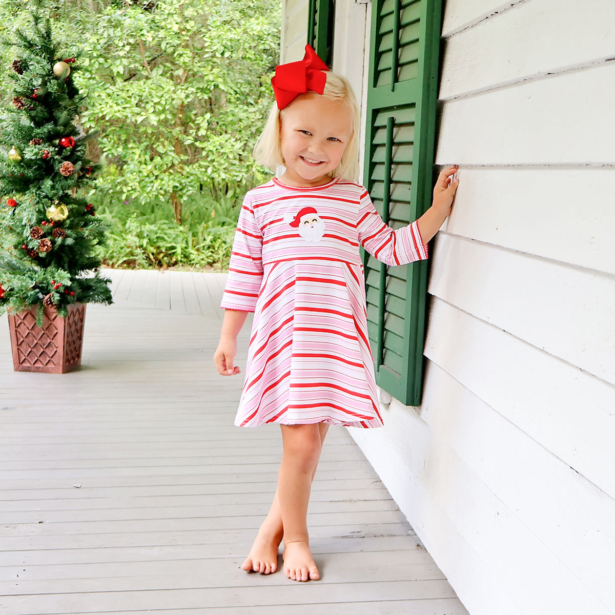 Happy Santa Red & Pink Stripe Sophia Dress