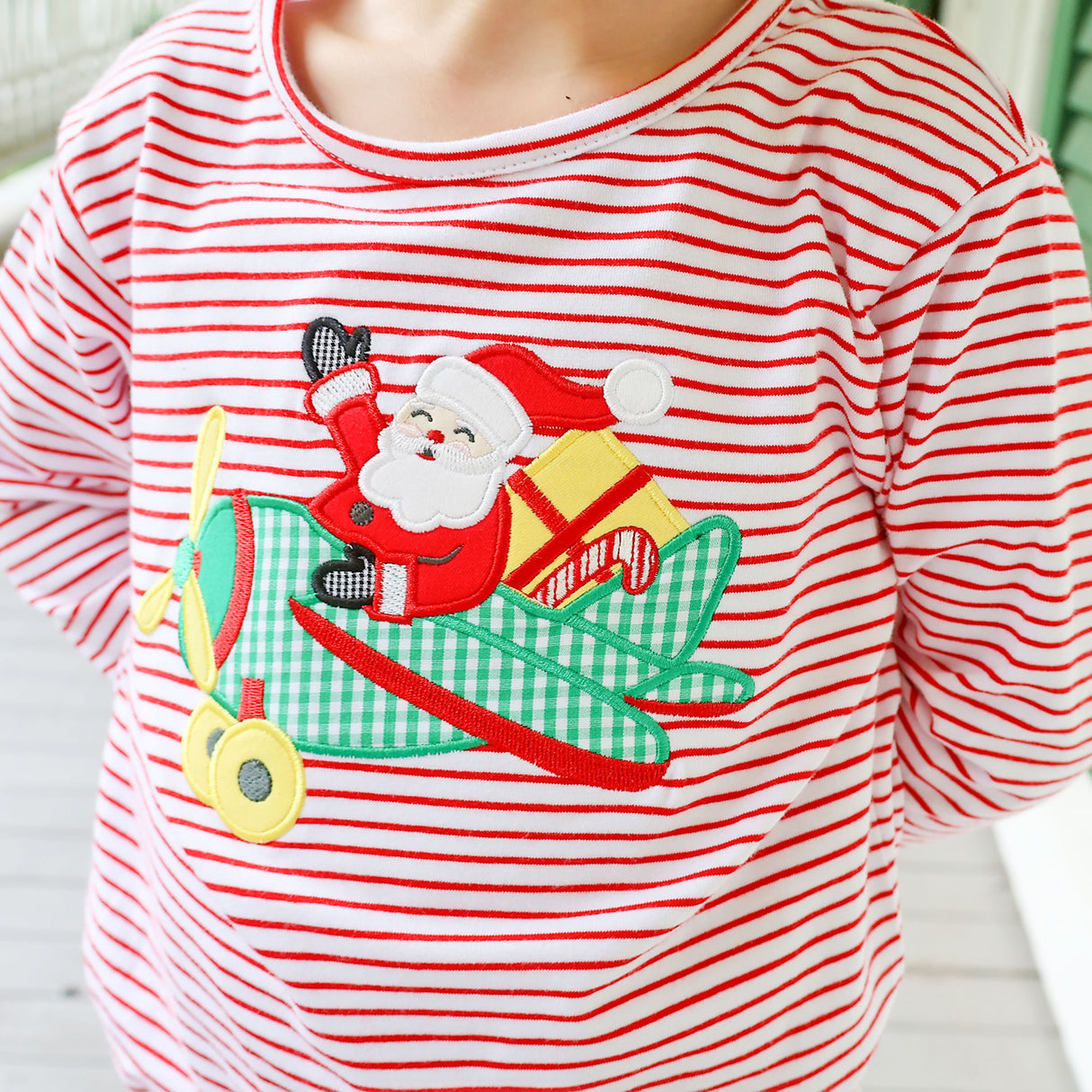 Santa's Airplane Red Stripe Long Sleeve Shirt