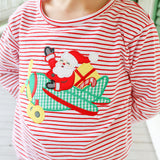 Santa's Airplane Red Stripe Long Sleeve Shirt