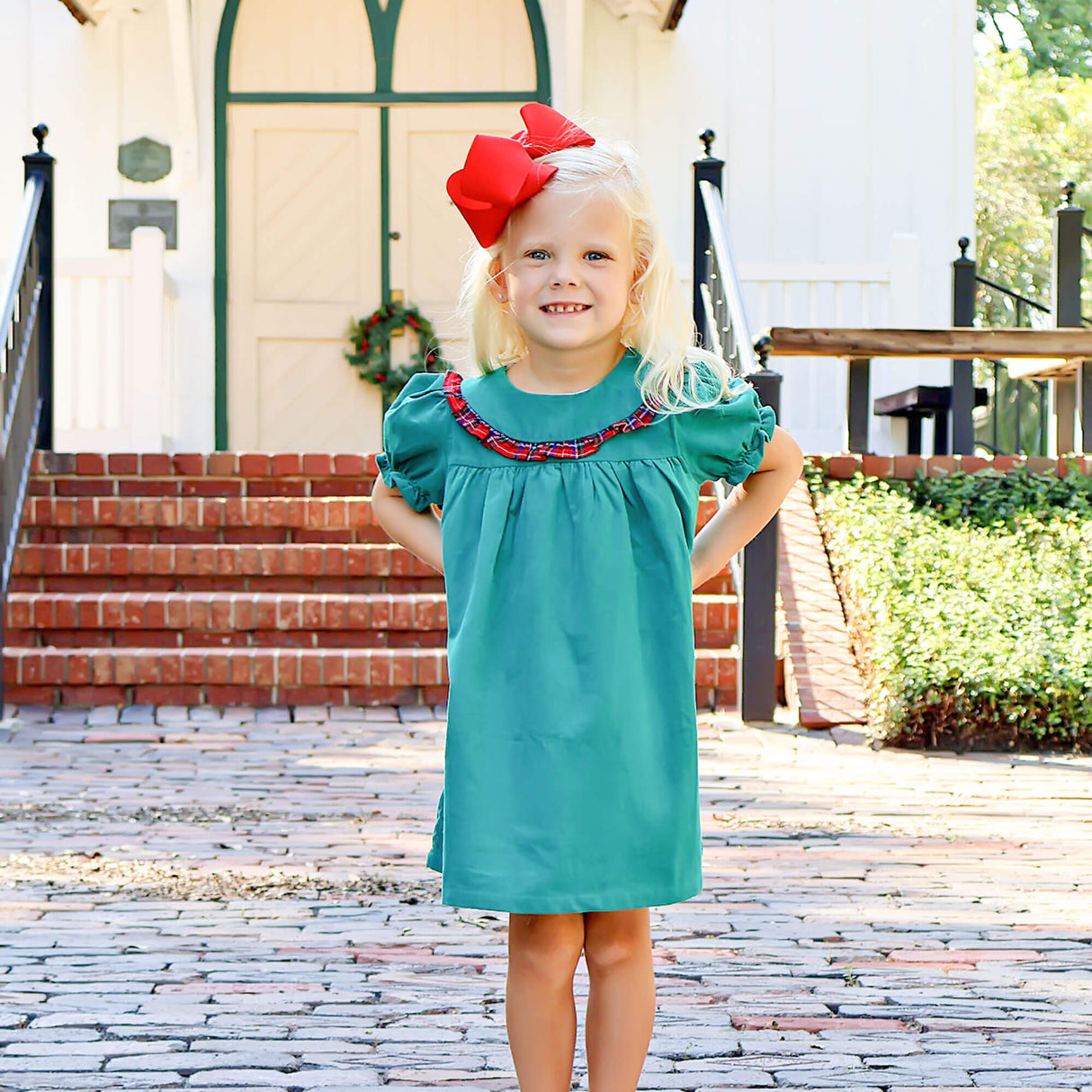 Green Cord Middleton Plaid Red Yoke Dress