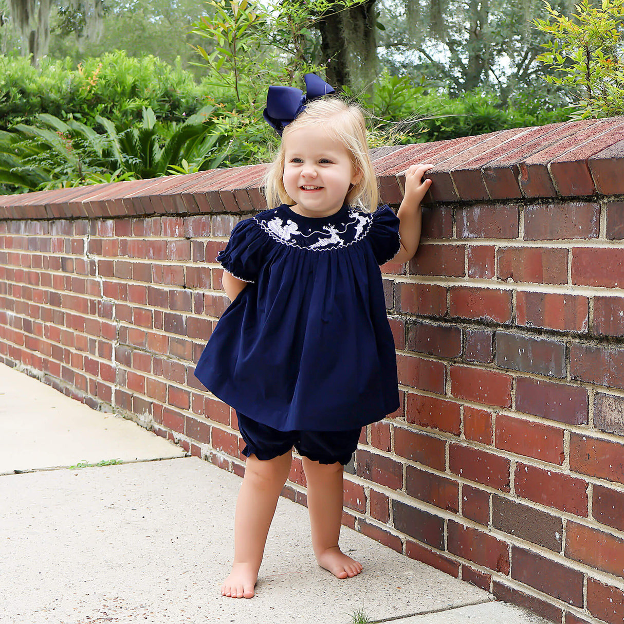 Smocked Santa Sleigh Bloomer Set Navy Corduroy