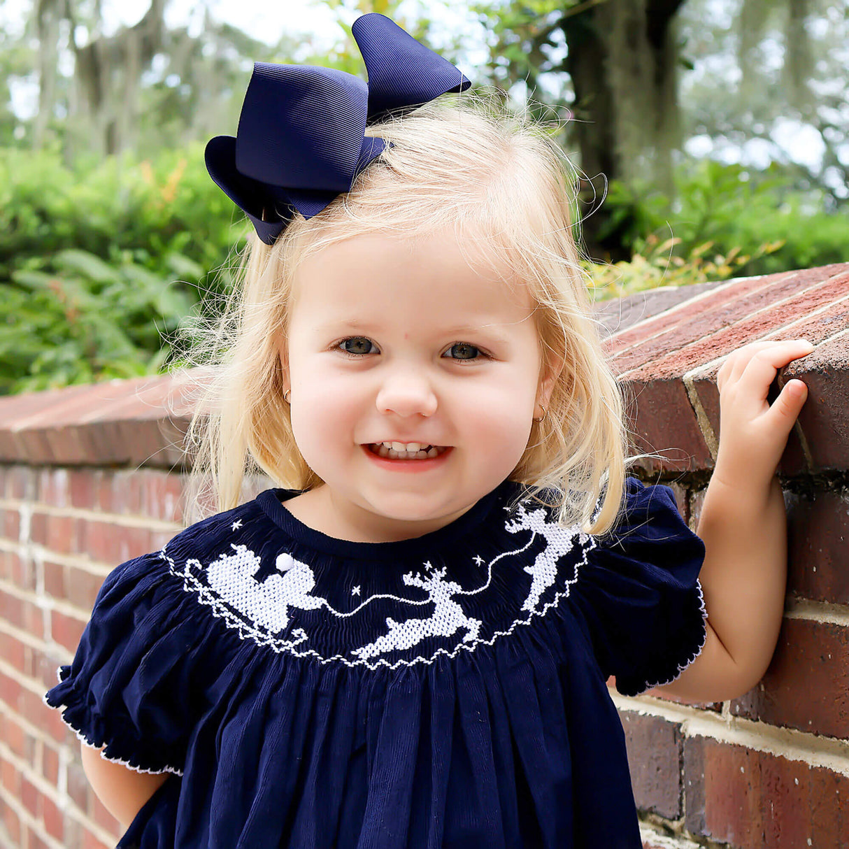 Smocked Santa Sleigh Bloomer Set Navy Corduroy