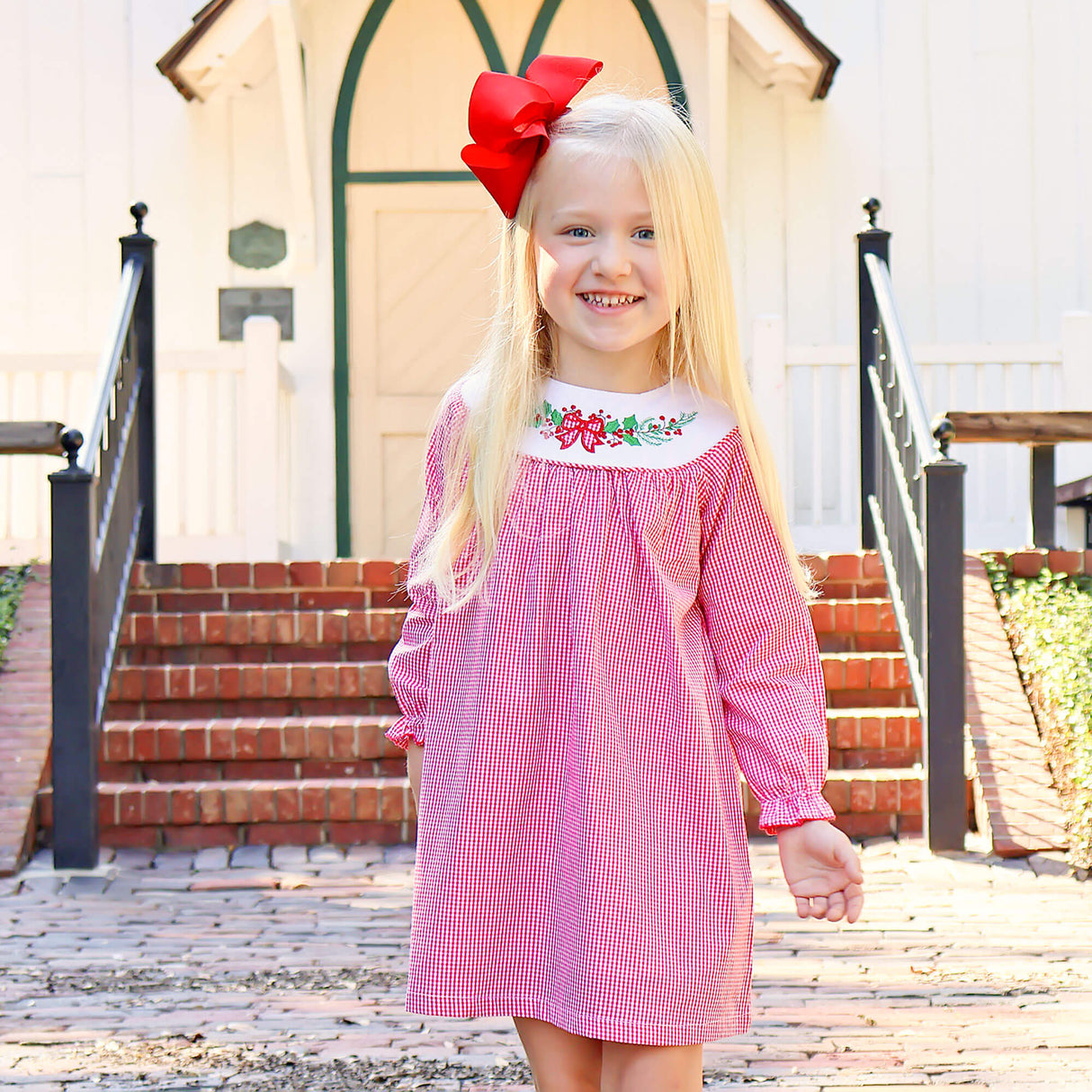 Holly Embroidered Red Gingham Yoke Dress