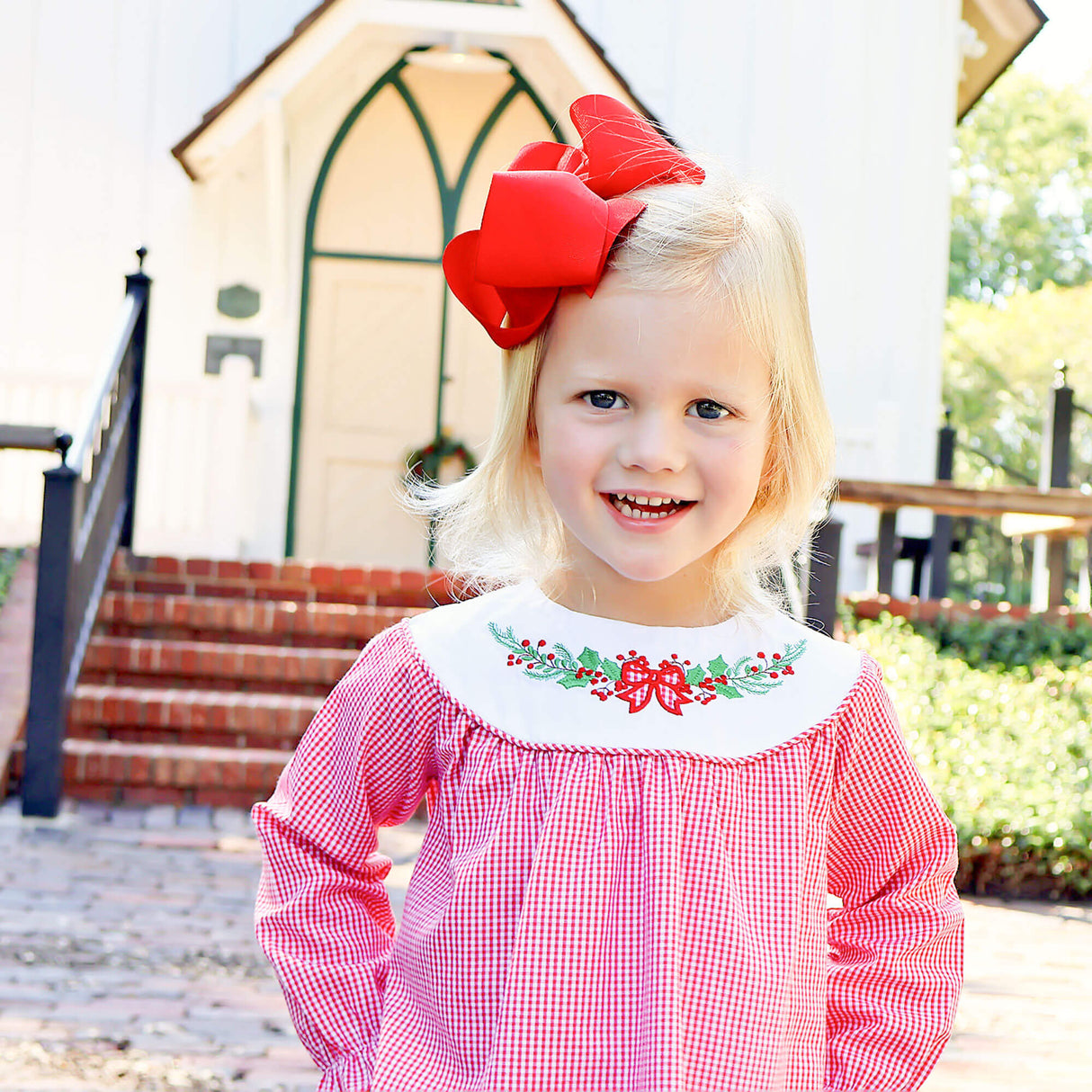 Holly Embroidered Red Gingham Yoke Legging Set