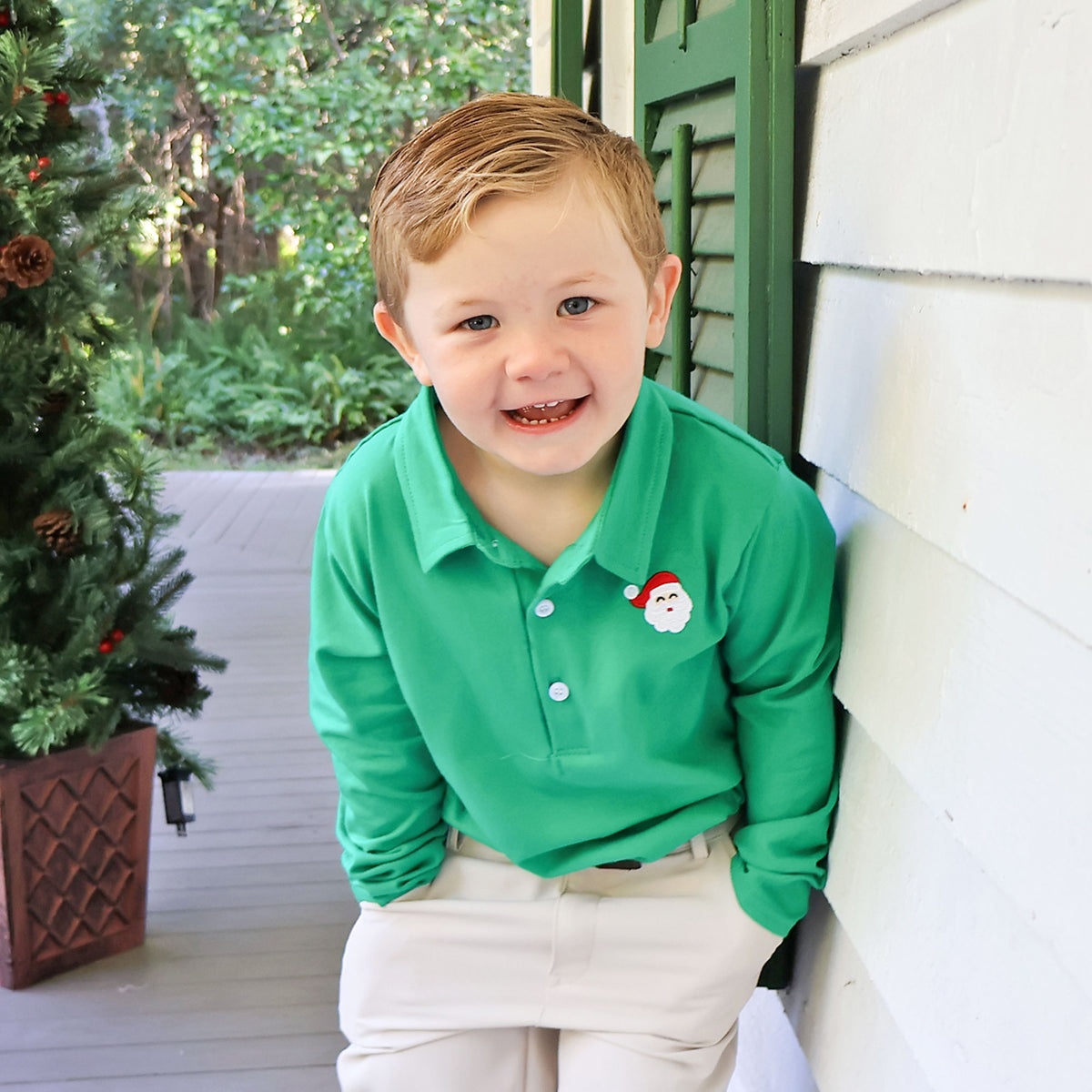 Happy Santa Green Long Sleeve Polo Shirt