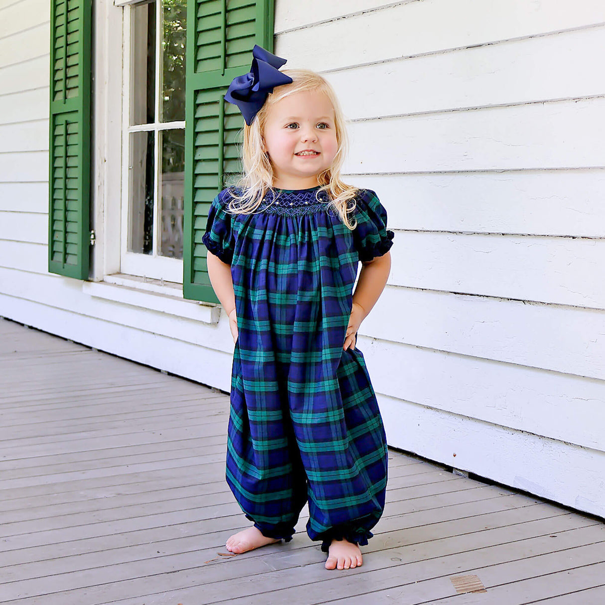 Hamilton Plaid Navy & Green Smocked Long Bubble