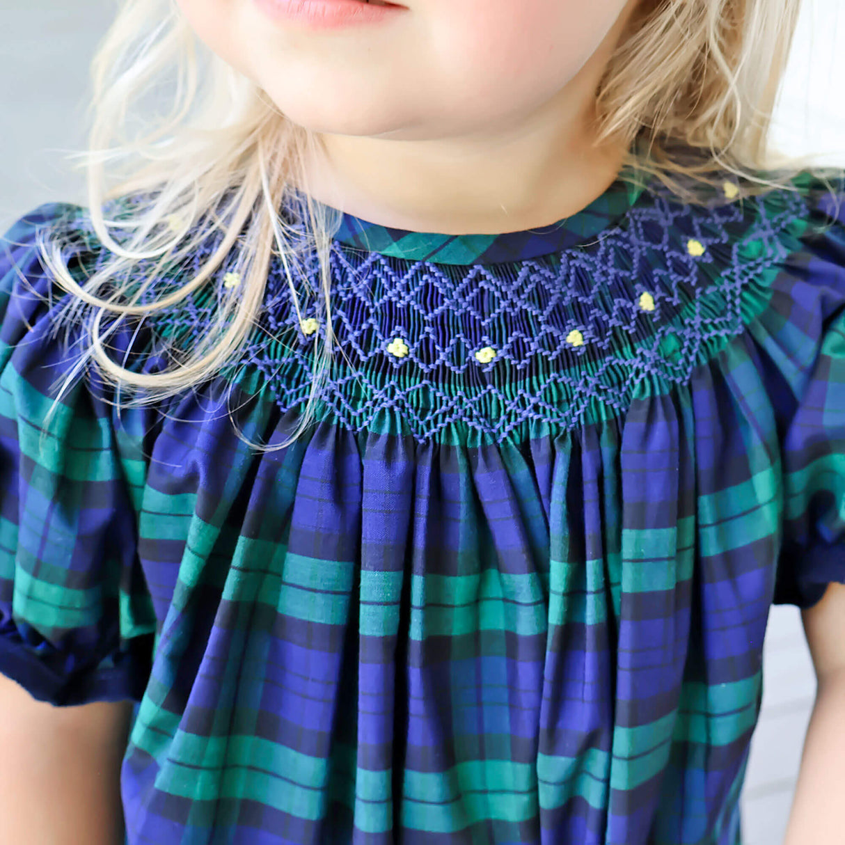Hamilton Plaid Navy & Green Smocked Bishop Dress