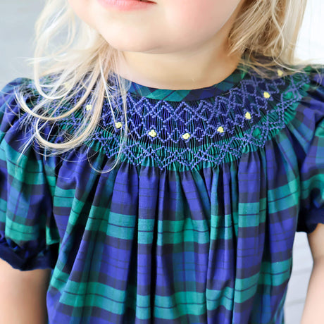 Hamilton Plaid Navy & Green Smocked Bishop Dress