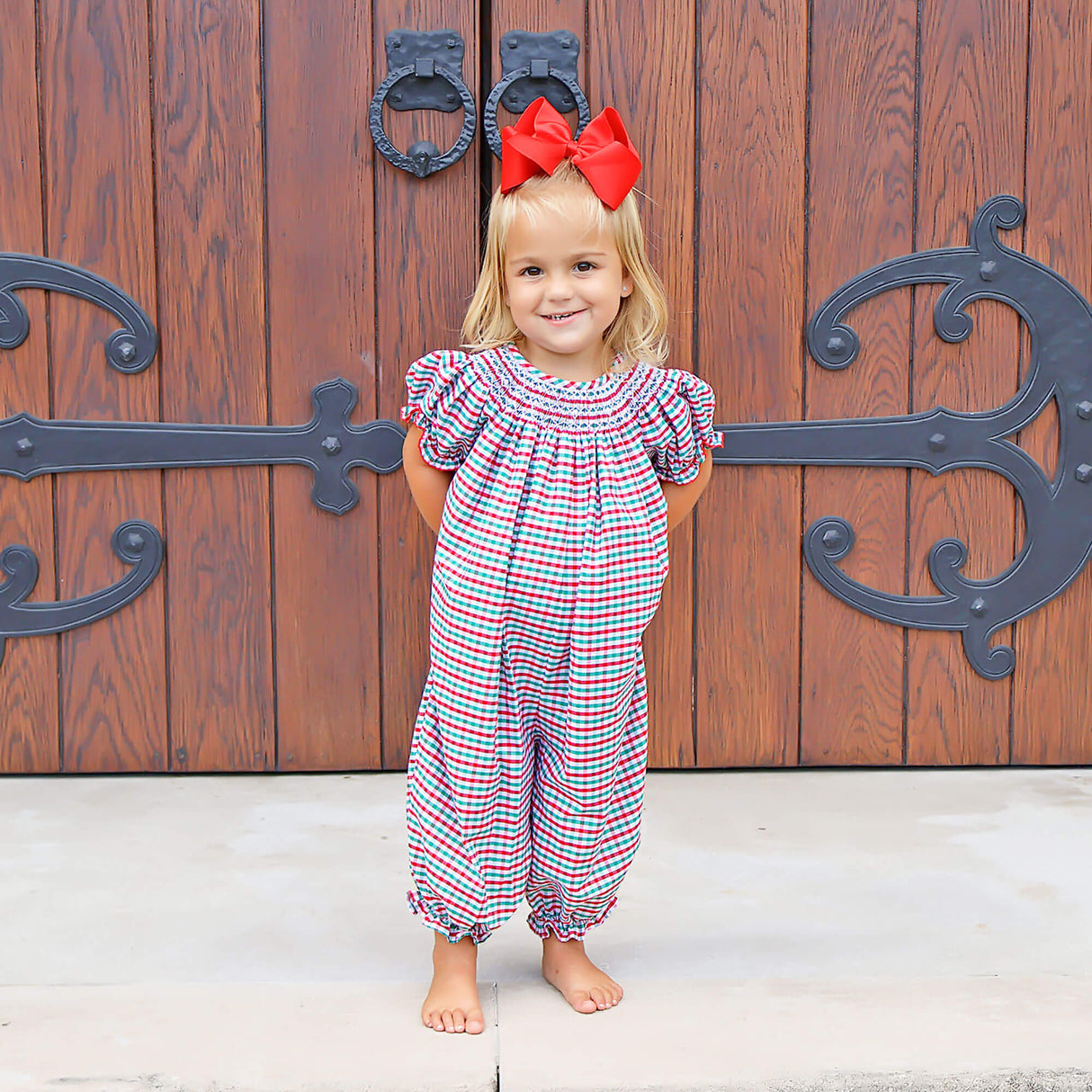 Christmas Card Gingham Smocked Long Bubble