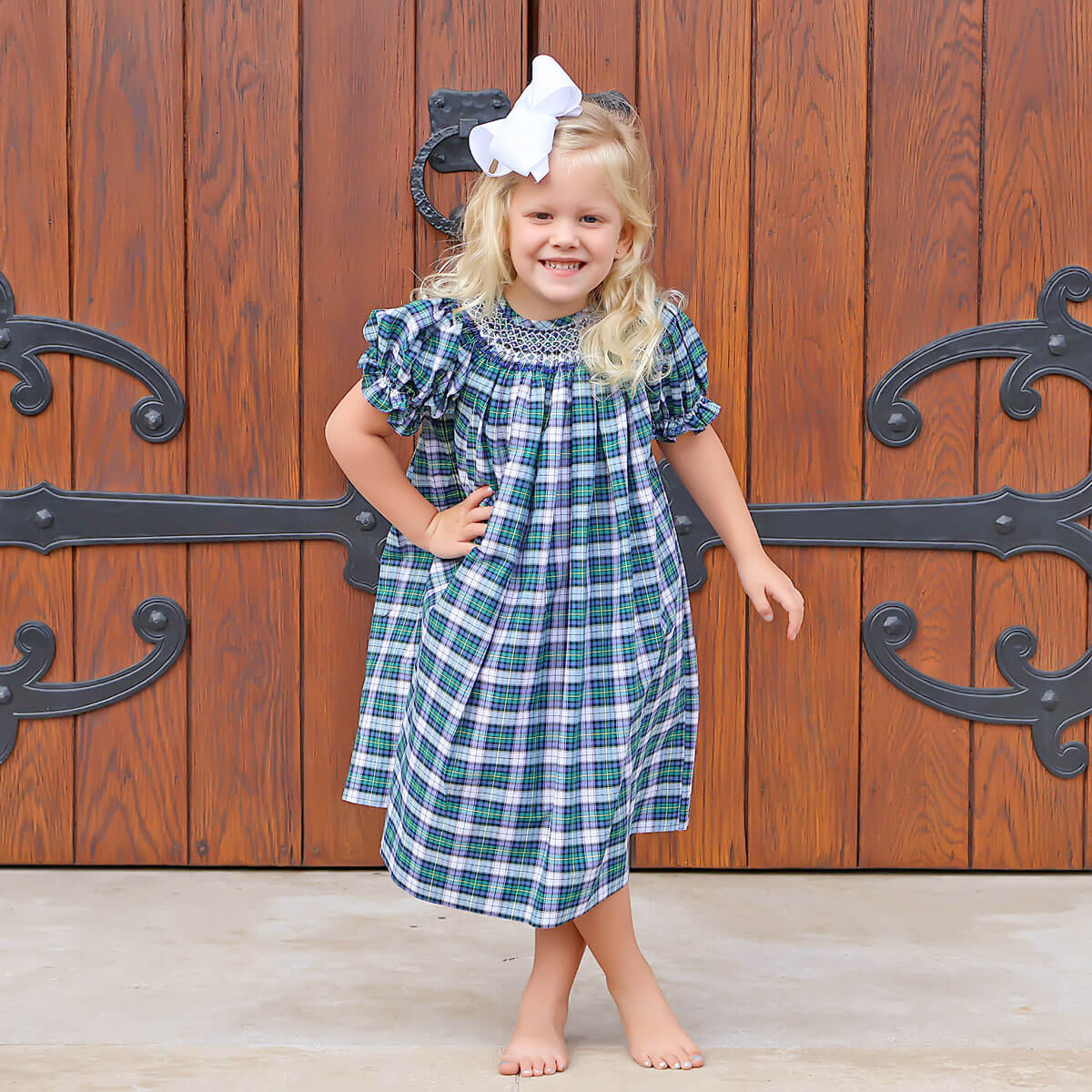 Brighton Plaid Bishop Geometric Smocked Bishop Dress