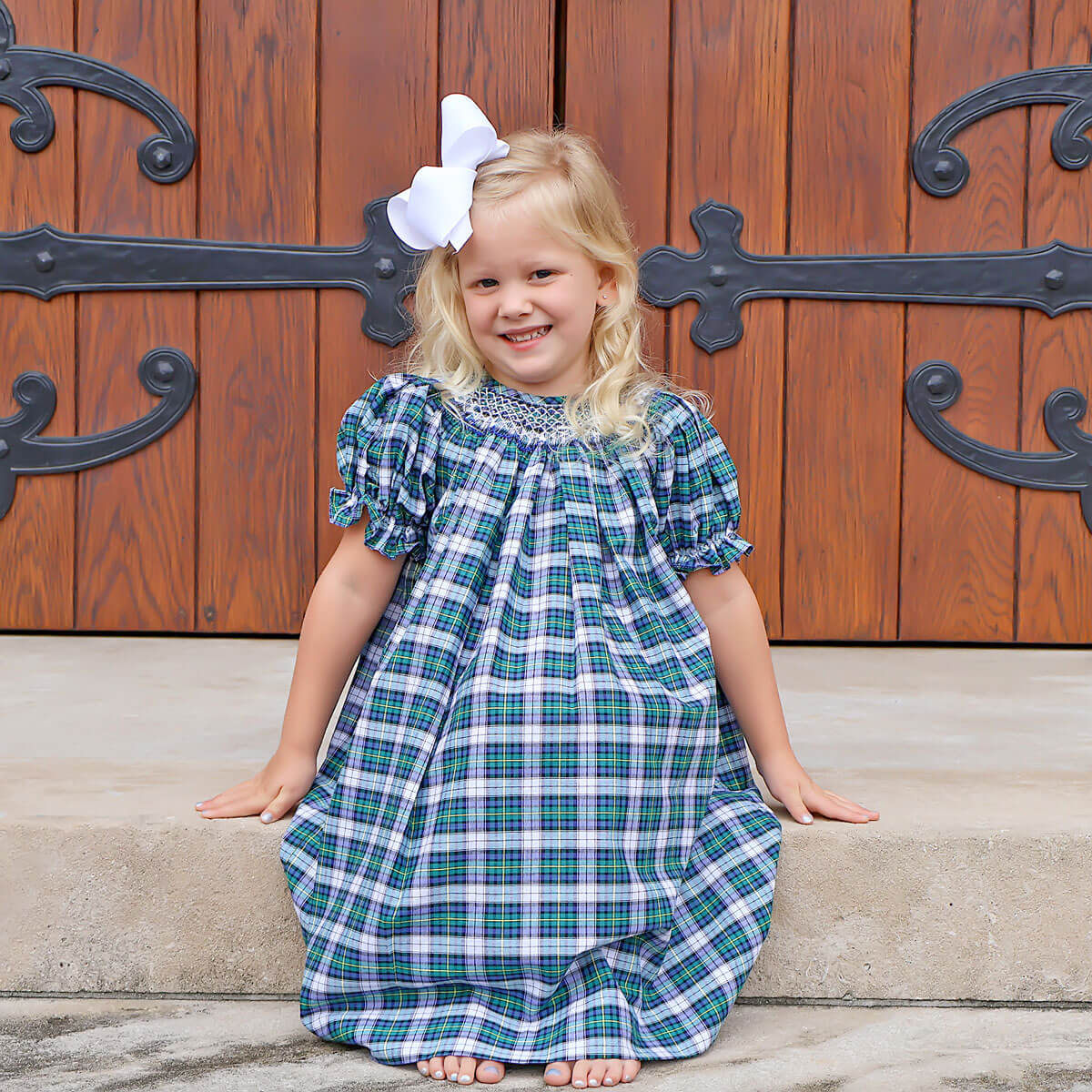 Brighton Plaid Bishop Geometric Smocked Bishop Dress