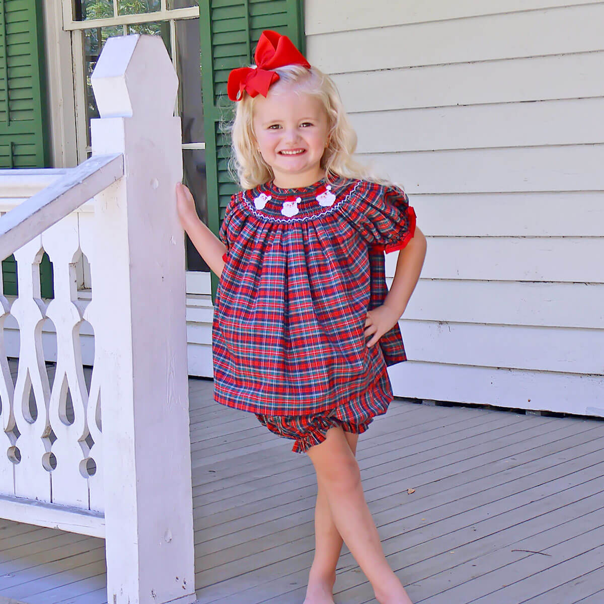 Christmas Eve Plaid Santa Smocked Bloomer Set