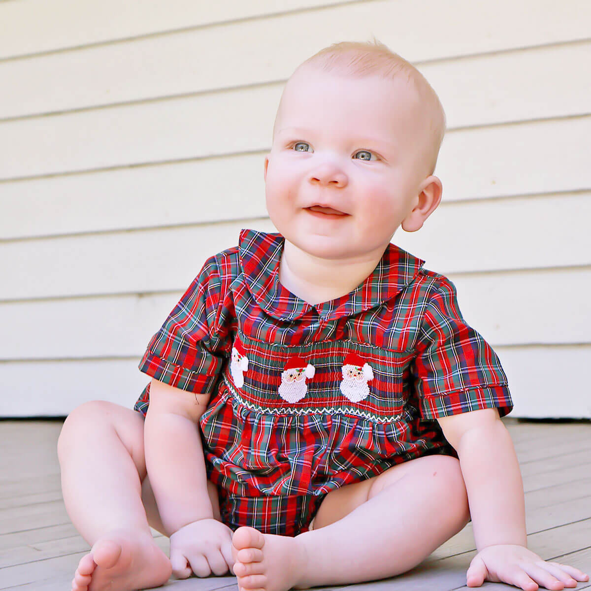 Christmas Eve Plaid Santa Smocked Collared Bubble