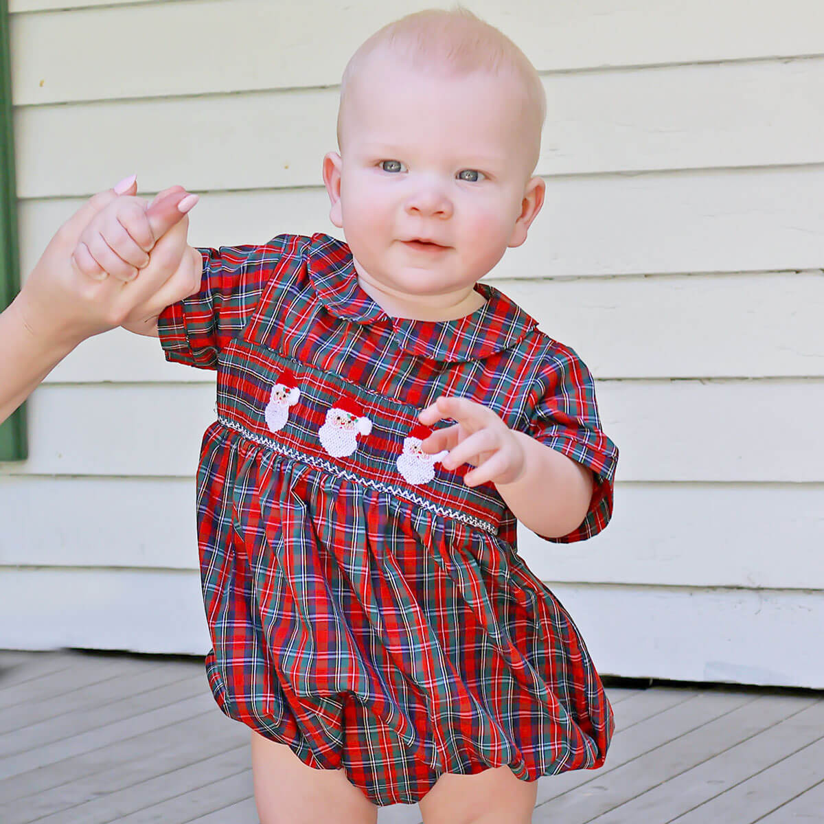 white christmas dresses Christmas Eve Plaid Santa Smocked Collared Bubble – Classic Whimsy