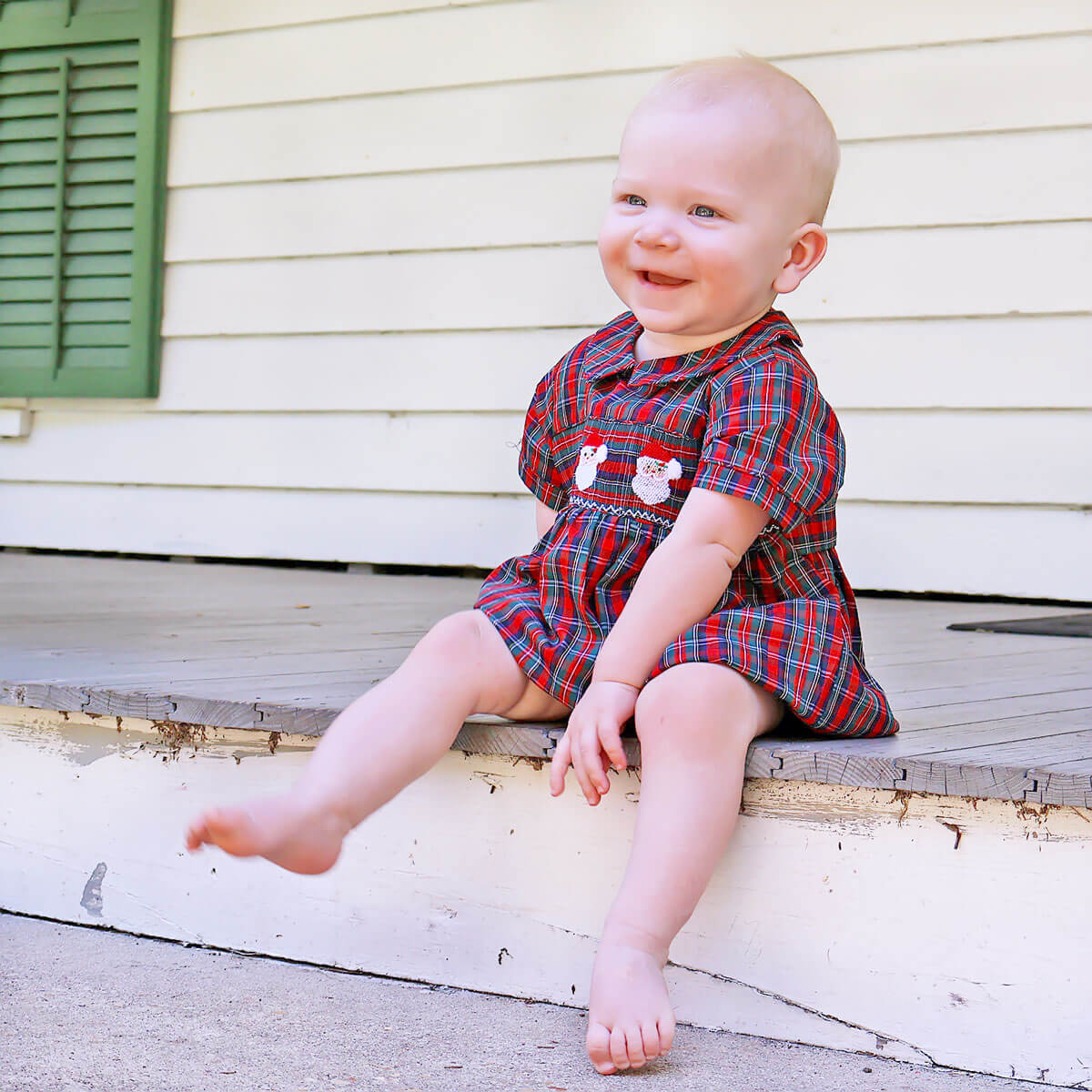 Christmas Eve Plaid Santa Smocked Collared Bubble