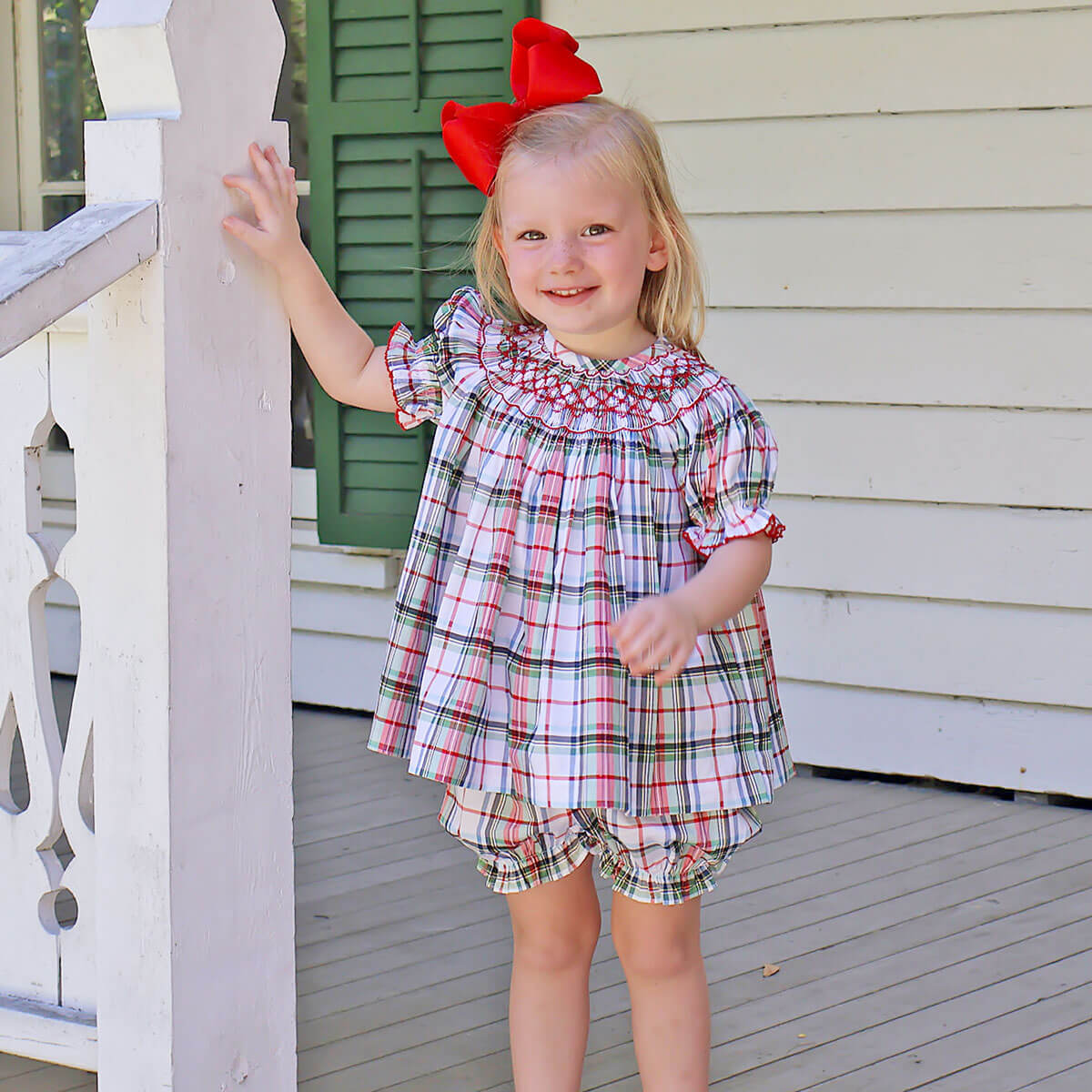 Douglas Plaid Smocked Bishop Bloomer Set