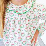 Holiday Wreath White Print Ruffle Collared Dress