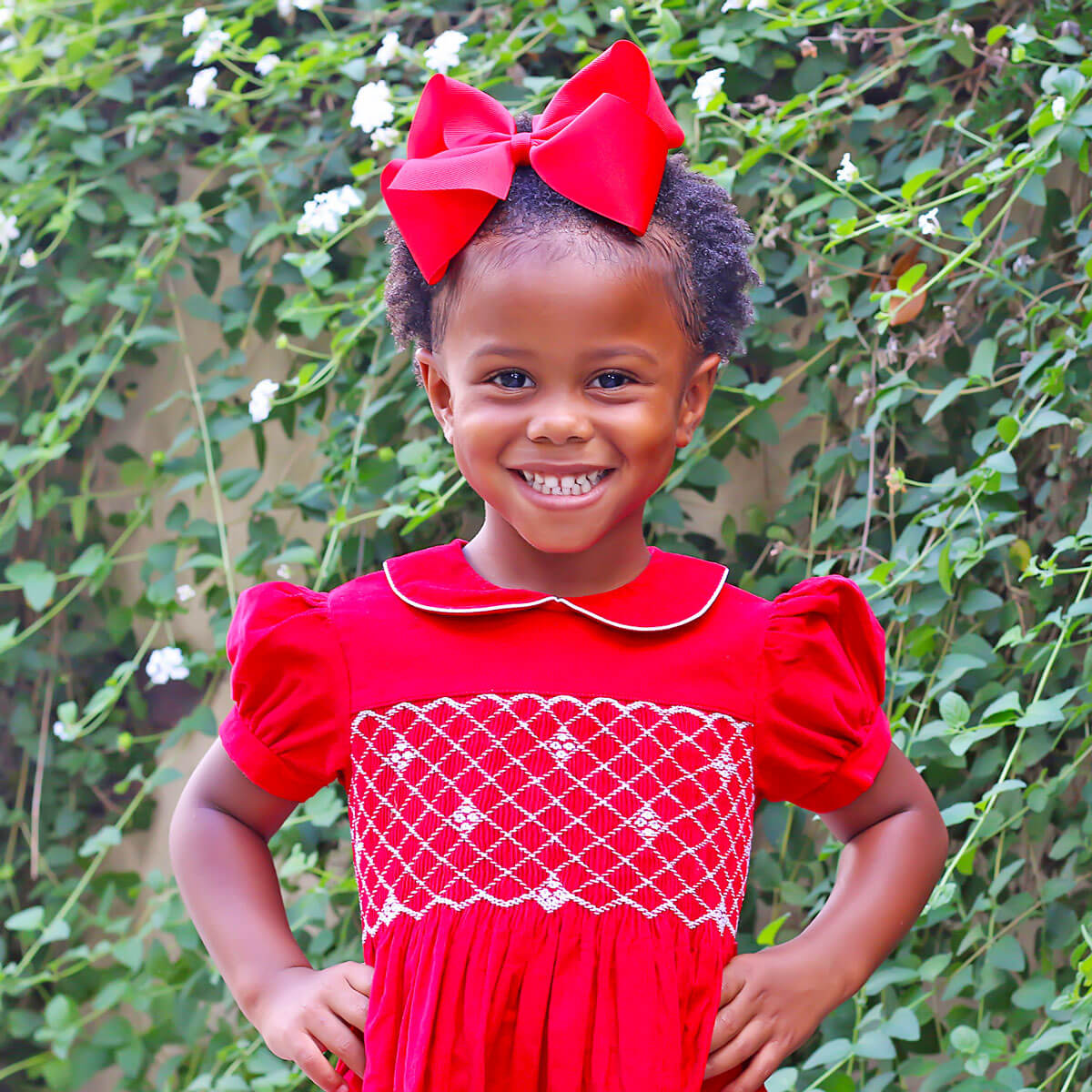 Red Corduroy Smocked Geo Collared Bishop Dress