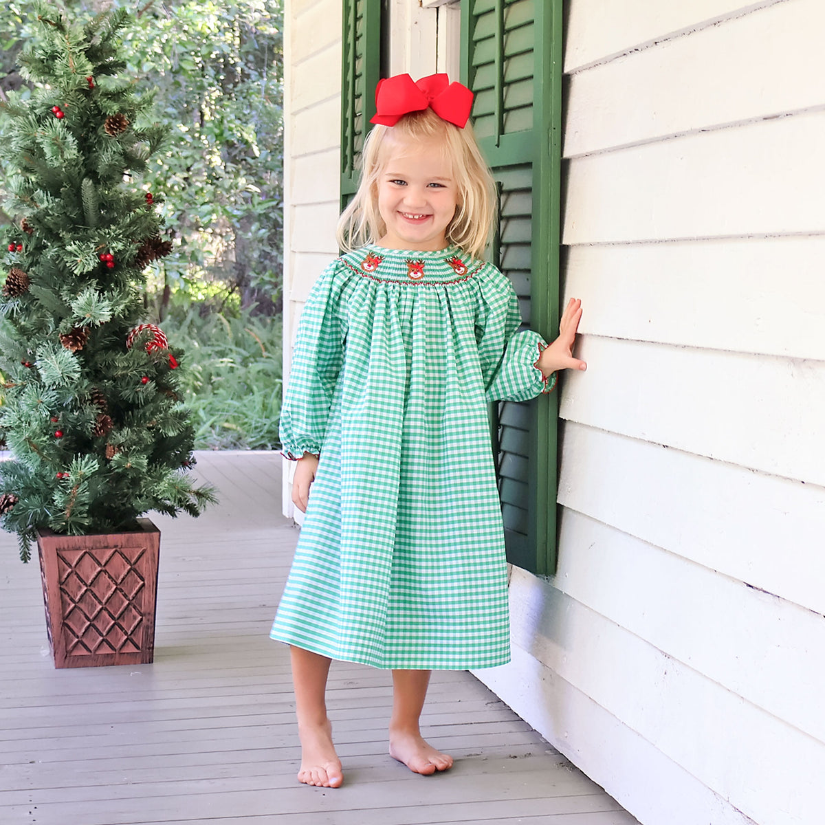 Reindeer Smocked Green Gingham Long Sleeve Dress